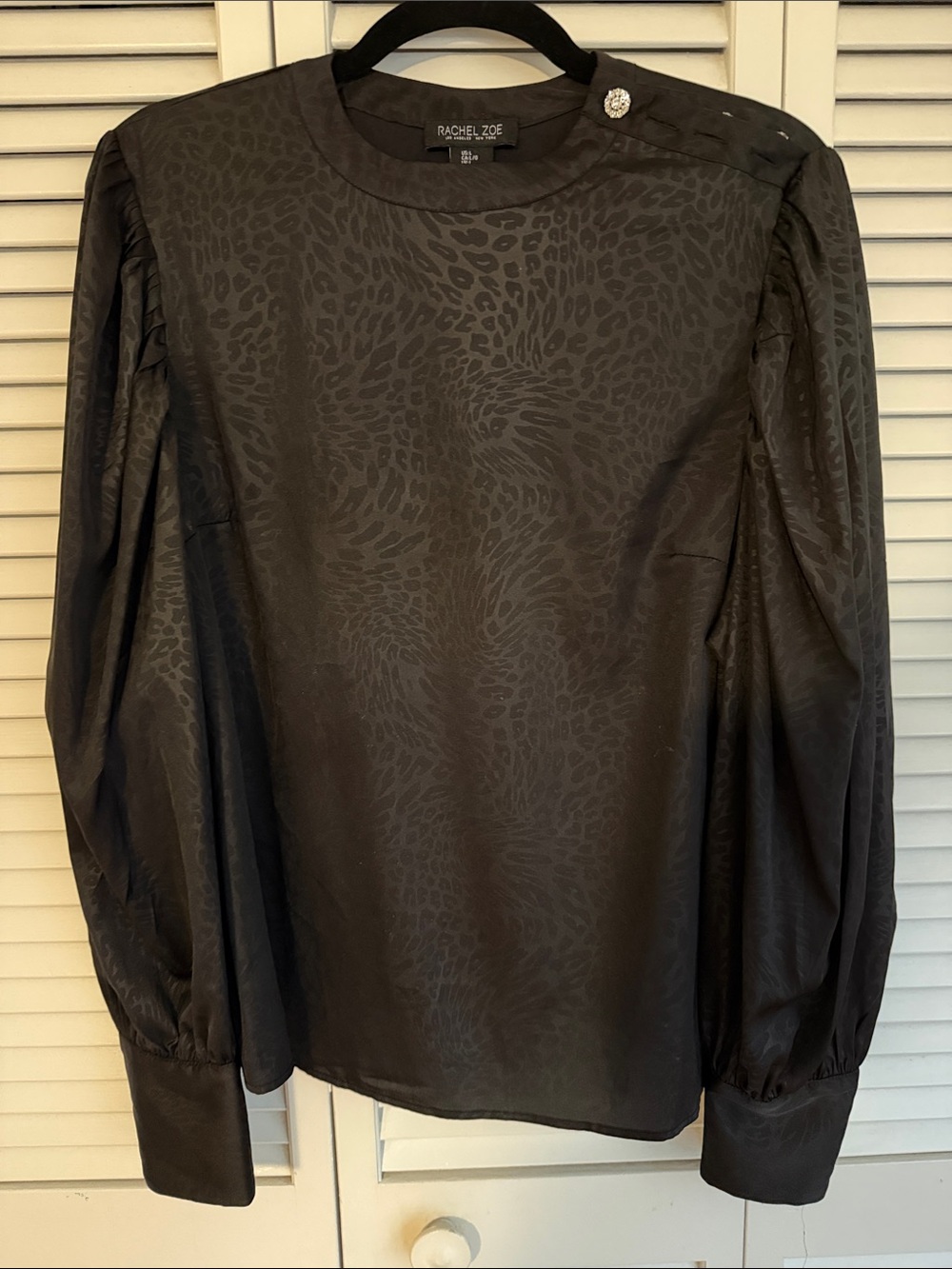 Rachel Zoe Black Subtle Leopard-Texture Long-Sleeve Blouse Size Large